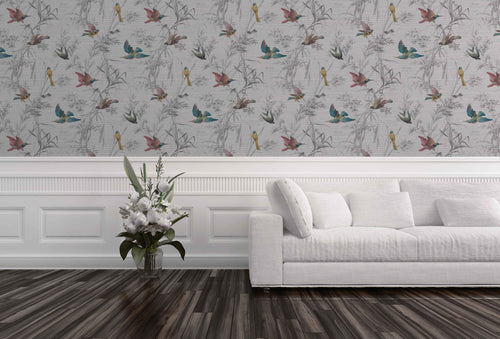 gray faux grasscloth wallpaper in living room