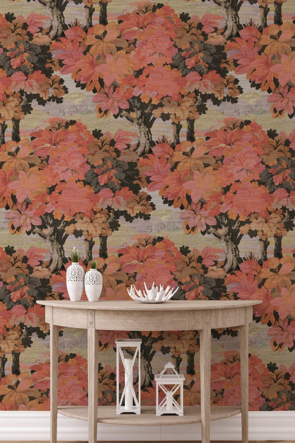 Victorian Autumn Trees wallpaper in warm orange and gold tones, eco-friendly wallcovering by Mayflower Wallpaper