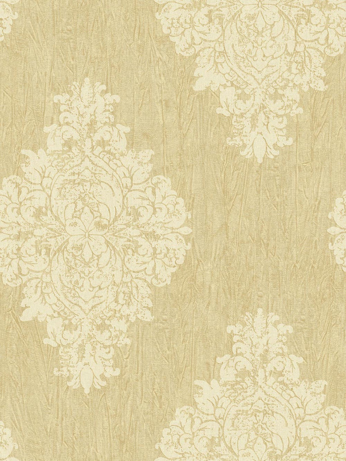 Our glittery cream damask provides tactile texture atop deeply golden canvas.
