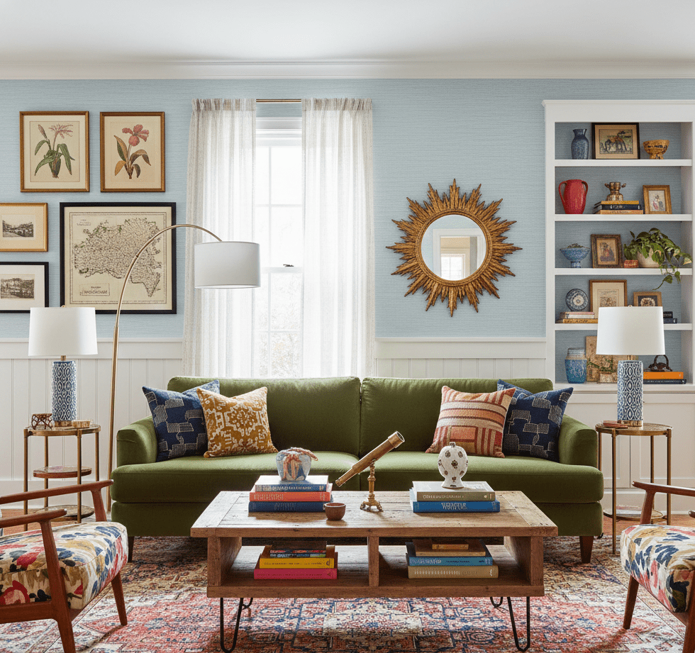 Pale blue faux grasscloth wallpaper in a living room with a green velvet sofa and gallery wall