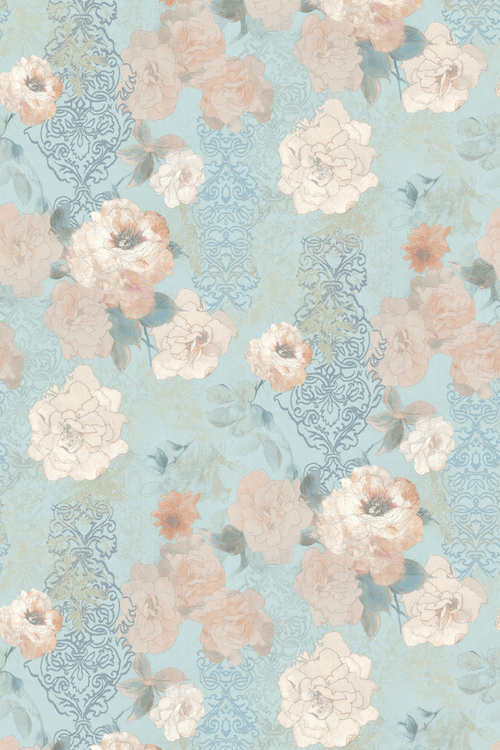 creamy roses trailing down an aquamarine non woven mural wallpaper