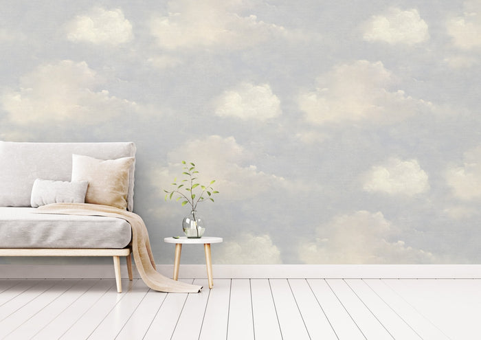 Peel and stick cloud mural wallpaper in modern bedroom