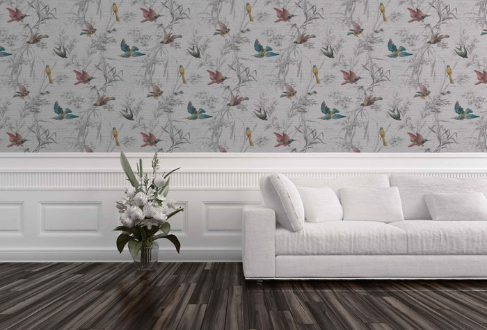 gray faux grasscloth wallpaper in living room