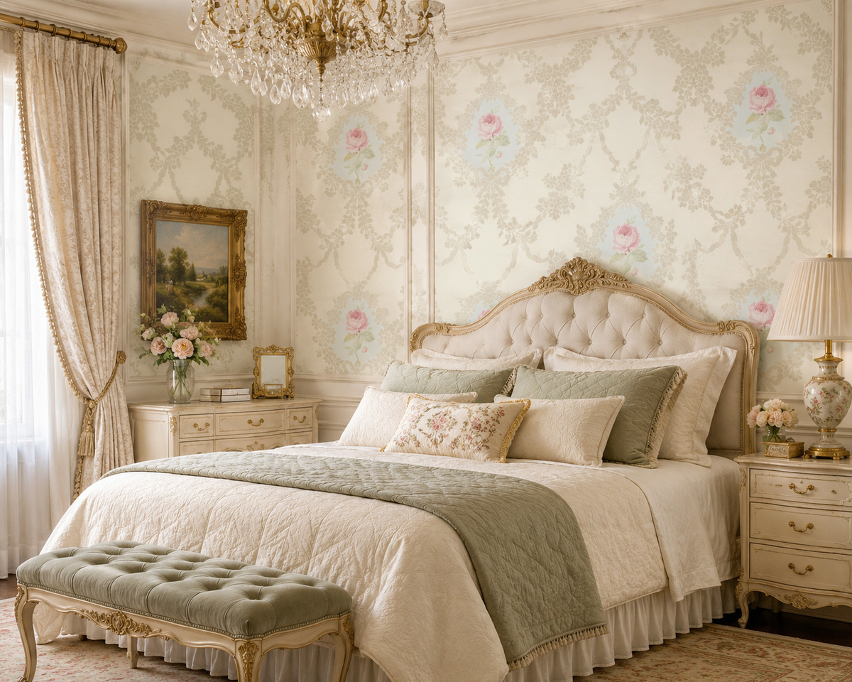 Luxurious bedroom with ornate bed, floral wallpaper, and elegant decor.