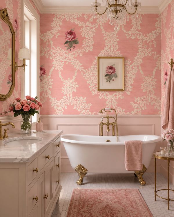 Luxurious bathroom with pink floral wallpaper, freestanding bathtub, and marble vanity.