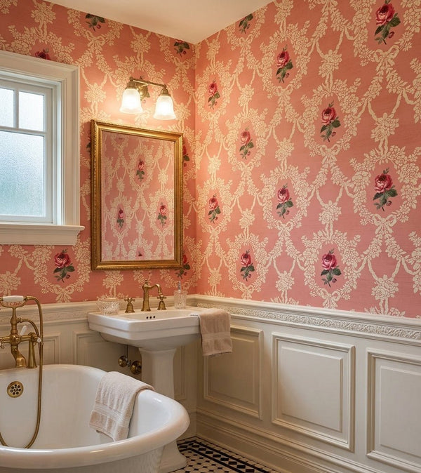 Cameo Rose Victorian Floral Wallpaper in Pink MF20269