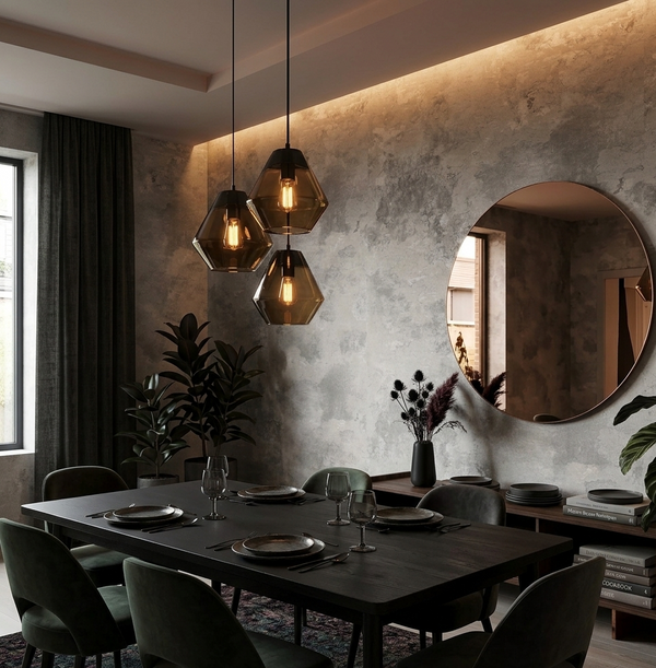 Modern dining room with a dark wooden table, chairs, and decorative elements.