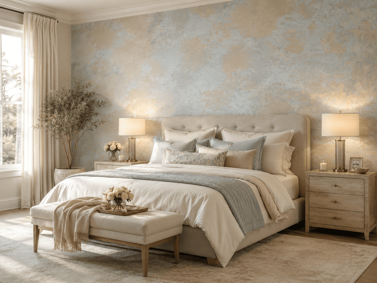 A beautifully styled bedroom featuring a bed dressed in cream and light blue-gray bedding, set against a textured light blue and beige wallpaper. The room is symmetrically arranged with matching wooden nightstands, lit table lamps, a decorative bench at the foot of the bed, and a large window with sheer curtains on the left.