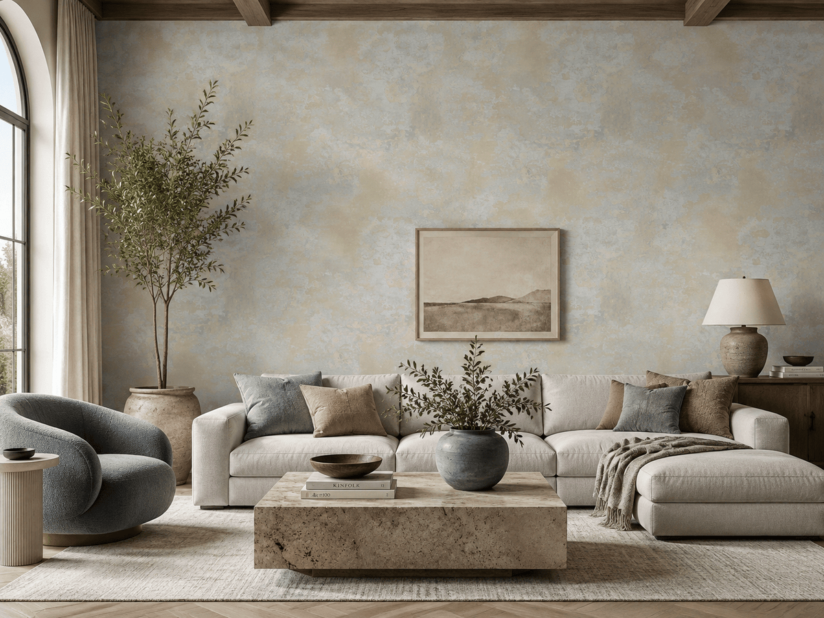 A styled living room featuring a textured, warm beige and gray plaster-style wall mural as the focal point, decorated with a landscape painting, a light gray sectional sofa, a blue-gray accent chair, and a stone coffee table.