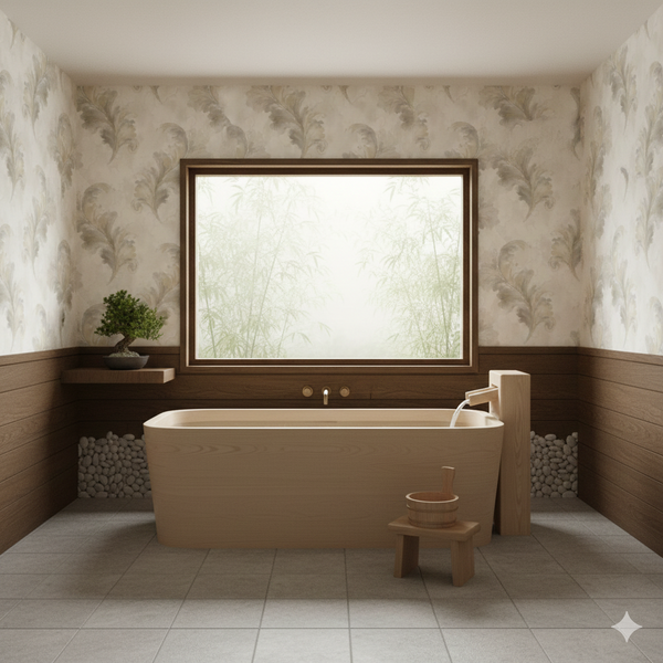 The damask wallpaper is reimagined in a Zen setting, paired with a deep wooden soaking tub, slatted screens, and minimalist stone elements. The cool mint and aquamarine palette enhances the tranquil atmosphere, merging traditional Western pattern with clean, East Asian-inspired design.