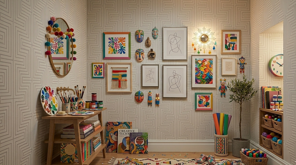 Children's playroom with colorful artwork on the wall and toys on shelves.