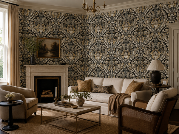 Elegant living room featuring a dramatic black botanical wallpaper with repeating ivory, muted blue, and ochre florals. A cream sofa, cane armchair, carved stone fireplace, brass chandelier, natural woven rug, and warm neutral furnishings create a refined, inviting interior.