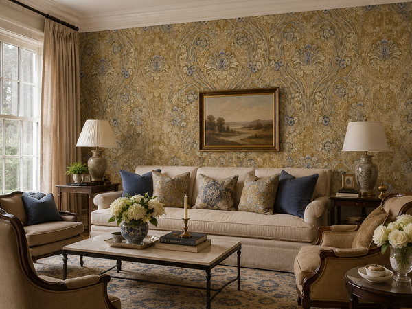 Living room with patterned wallpaper, beige sofa, and decorative elements.