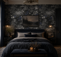 Dark-themed bedroom with floral wallpaper, a bed, and decorative elements.