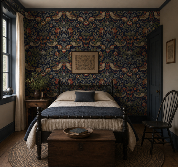 Bedroom with floral wallpaper, bed, and wooden furniture.