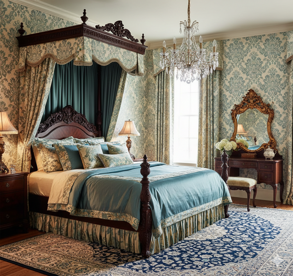 This luxurious sanctuary features the damask wallpaper as a stunning backdrop for a grand, tufted velvet headboard and silk-canopied bed. Layers of fine linens, a crystal chandelier, and gilded antique furniture complete the high-end, maximalist aesthetic of the room.