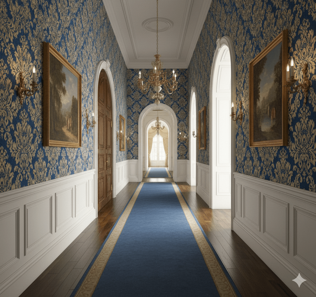 Blue gold grand Victorian Damask Verona MF81628 - Mayflower Wallpaper