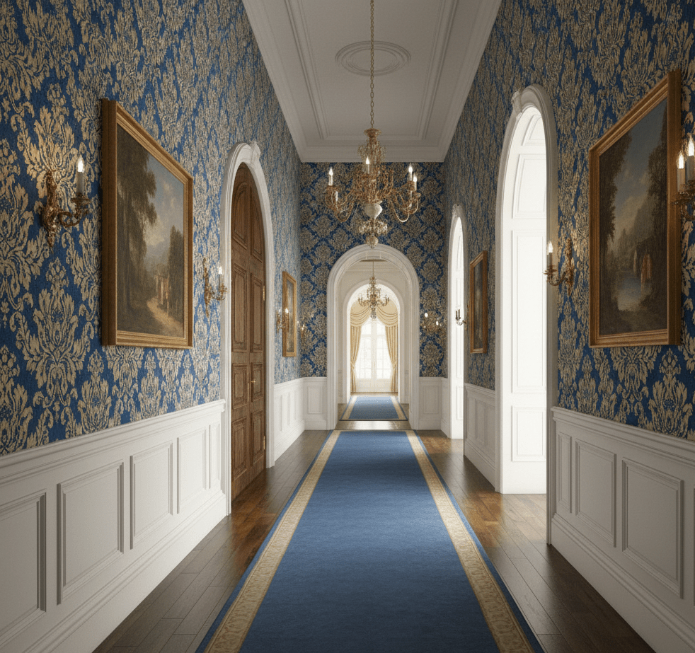 Blue gold grand Victorian Damask Verona MF81628 - Mayflower Wallpaper