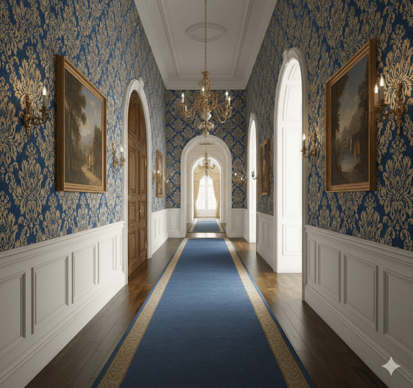 Blue gold grand Victorian Damask Verona MF81628 - Mayflower Wallpaper