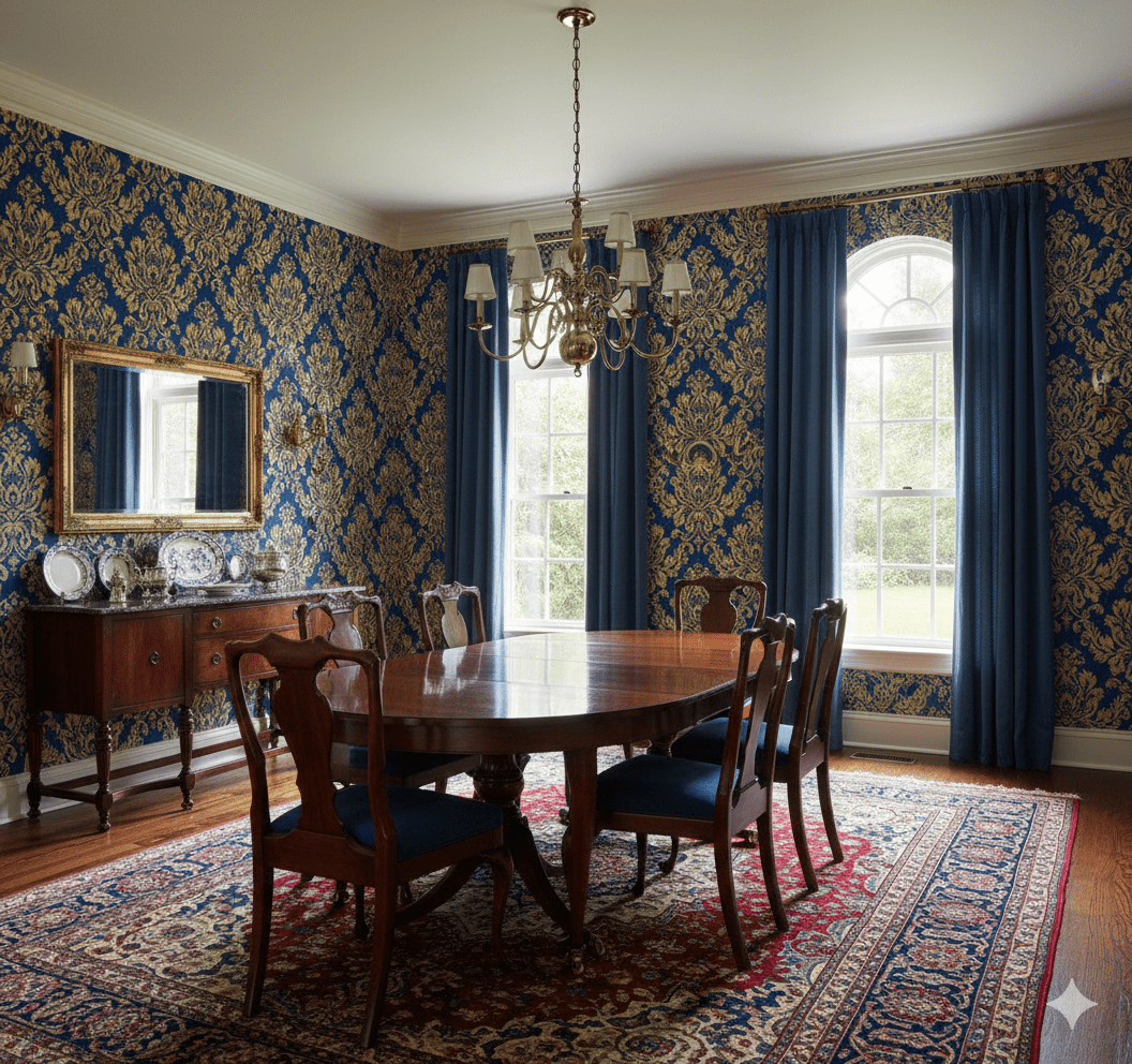 Blue gold grand Victorian Damask Verona MF81628 - Mayflower Wallpaper