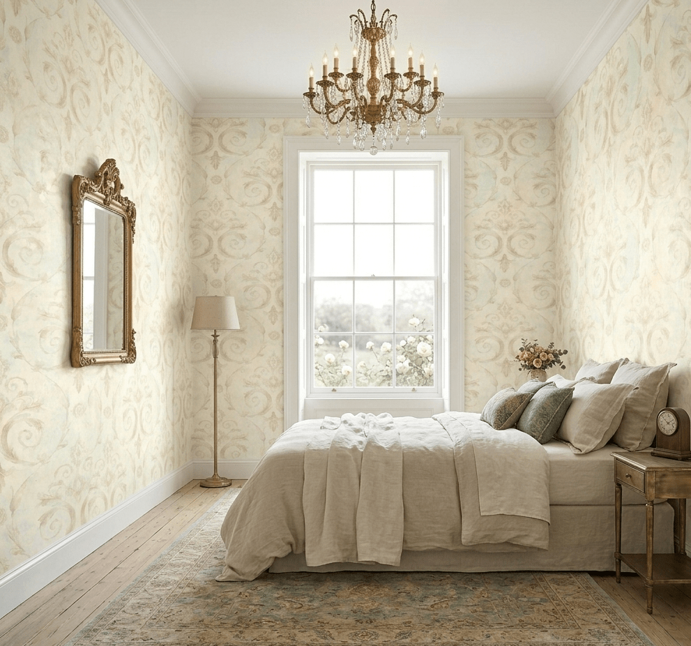 Casimir Victorian Damascus Wallpaper in Gold & Aquamarine MF50702 - Mayflower Wallpaper