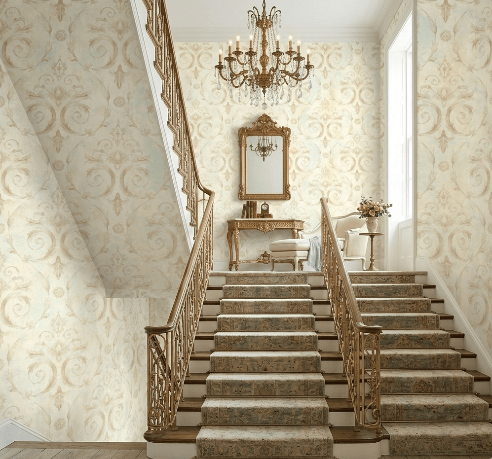 Casimir Victorian Damascus Wallpaper in Gold & Aquamarine MF50702 - Mayflower Wallpaper