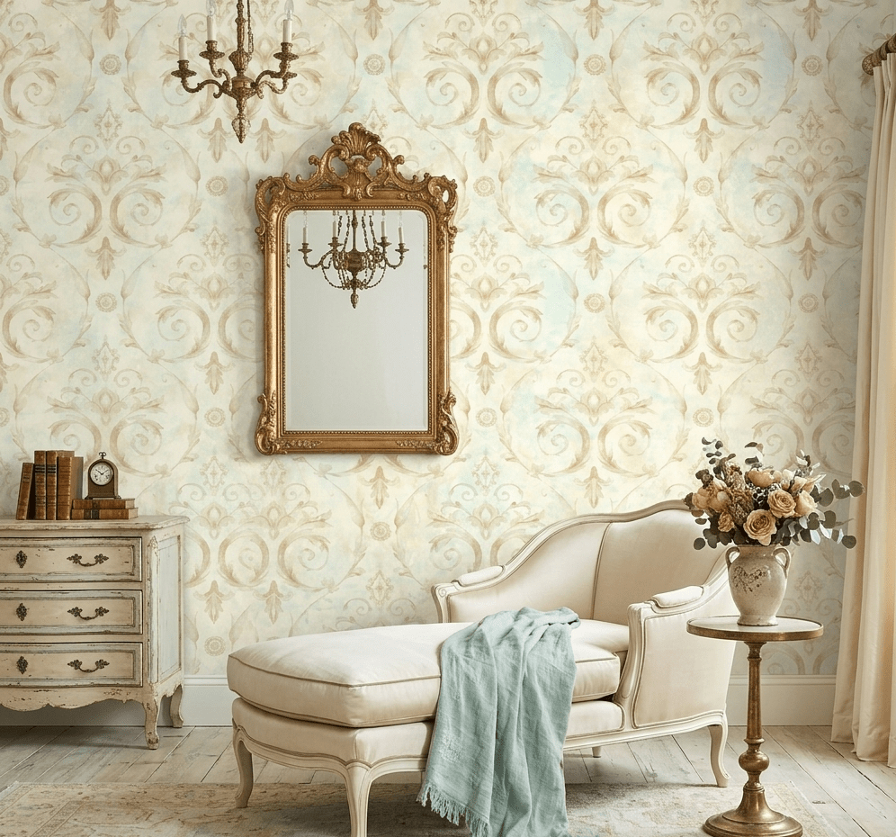 Casimir Victorian Damascus Wallpaper in Gold & Aquamarine MF50702 - Mayflower Wallpaper