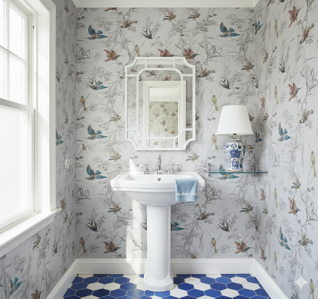 Embossed Floral Finch Wallpaper – Mineral Blue & Amber FJ40909 - Mayflower Wallpaper