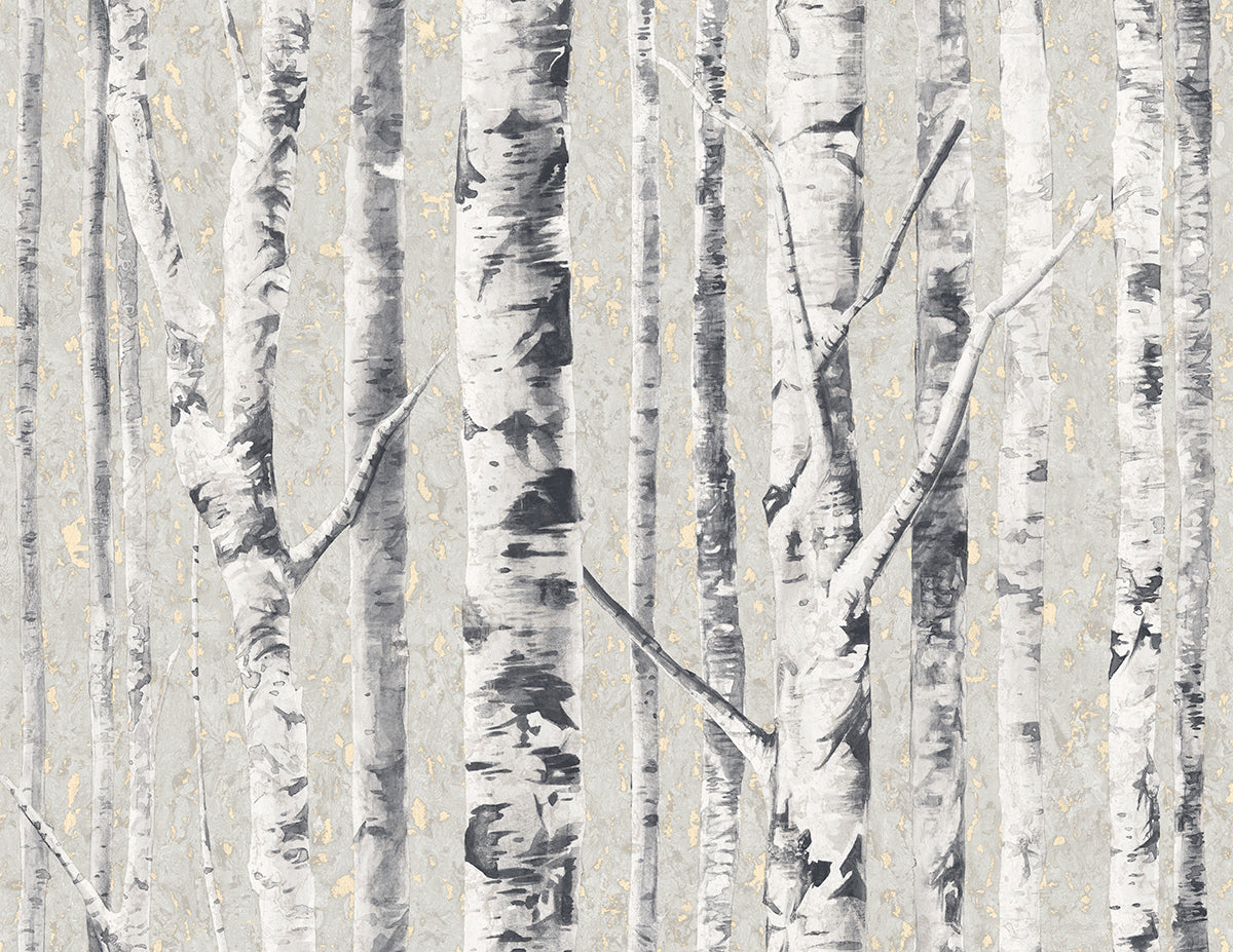 White and Black Birch Trees Over a Distressed Cream Colored Background. This design is made of sisal and is a textured pattern, made to resemble cork.