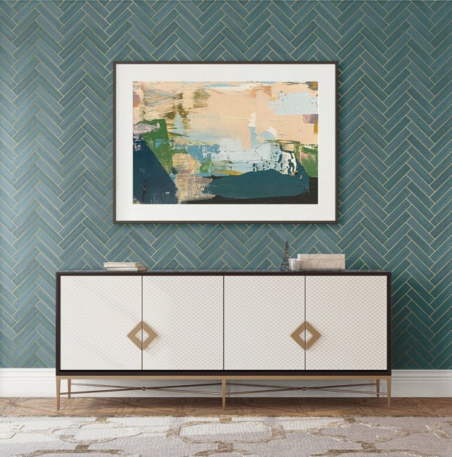 Handsome Grasscloth Tile Chevron in Teal NS51604 - Mayflower Wallpaper