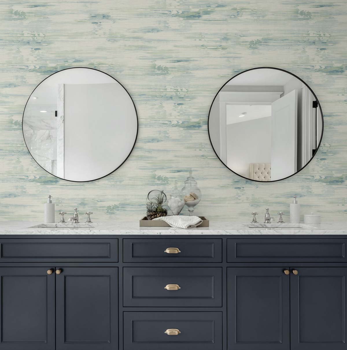 Modern contemporary abstract fabric textured vinyl in blue & green - Mayflower Wallpaper