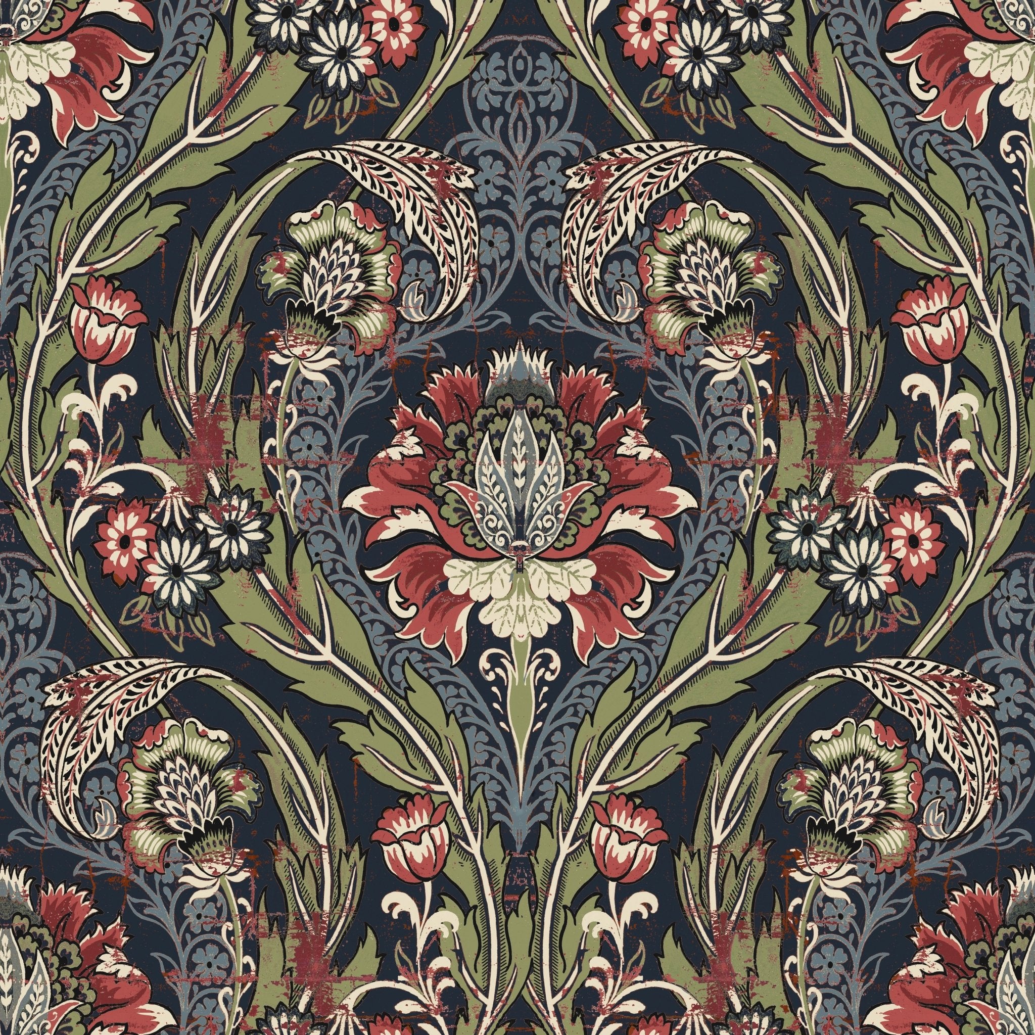 Arts and Crafts Wallpaper in Midnight Blue & Red – Mayflower Wallpaper