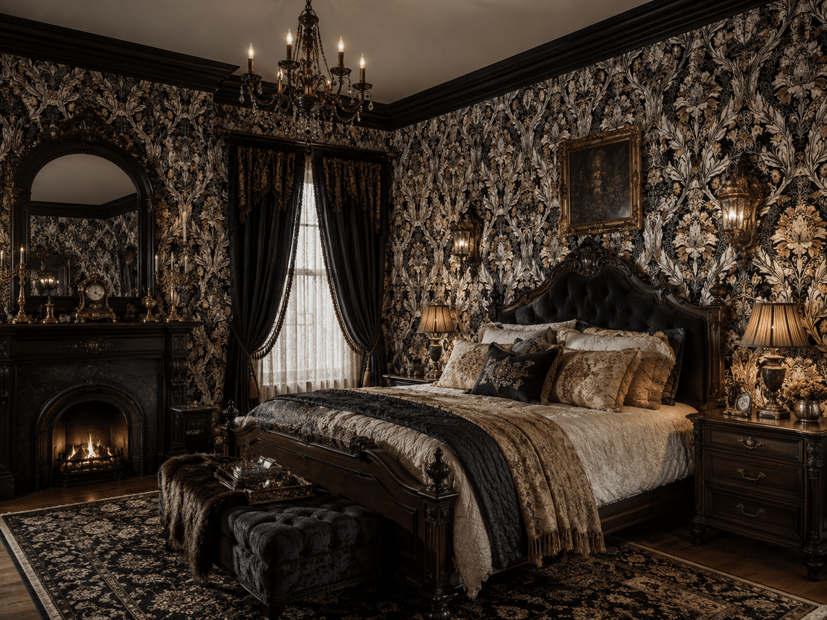 A dark, ornate bedroom with black and gold floral wallpaper, a tufted dark wood bed frame, matching nightstands and lamps, a fireplace with a mirror, and heavy drapes.