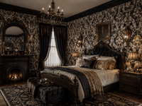 A dark, ornate bedroom with black and gold floral wallpaper, a tufted dark wood bed frame, matching nightstands and lamps, a fireplace with a mirror, and heavy drapes.