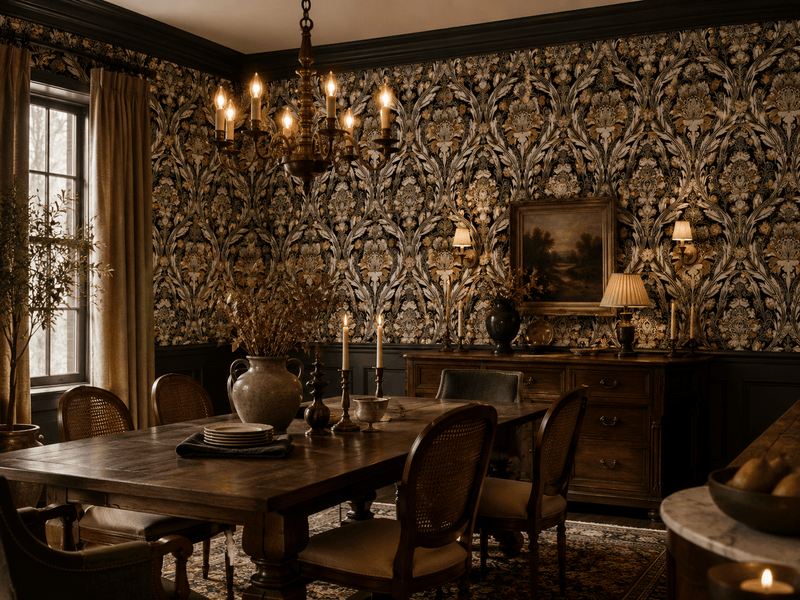 A dark, elegant dining room featuring ornate black and gold damask wallpaper, a wooden dining table with matching chairs, a vintage chandelier, and a dark wood sideboard with lamps and a painting.