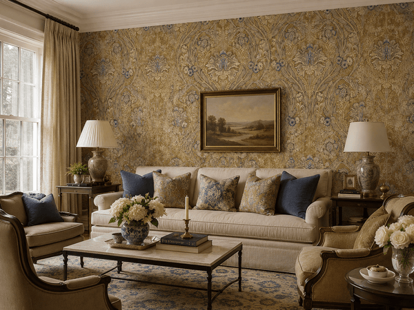 Morrissey Victorian Damask Wallpaper in Blue & Gold MF10805 - Mayflower Wallpaper
