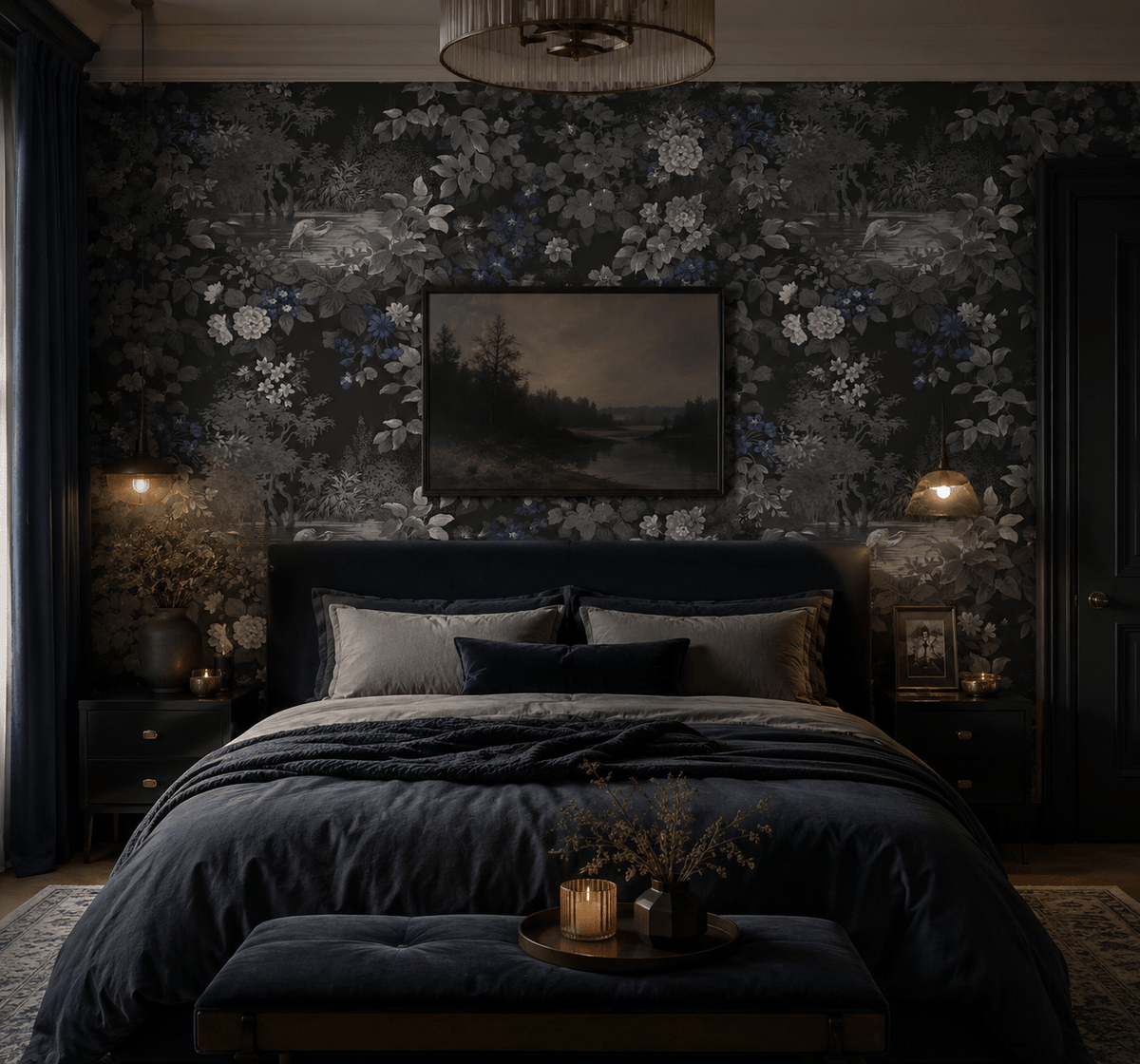 Reflective Pool Victorian Damask Wallpaper in Midnight Blue FJ40380 - Mayflower Wallpaper
