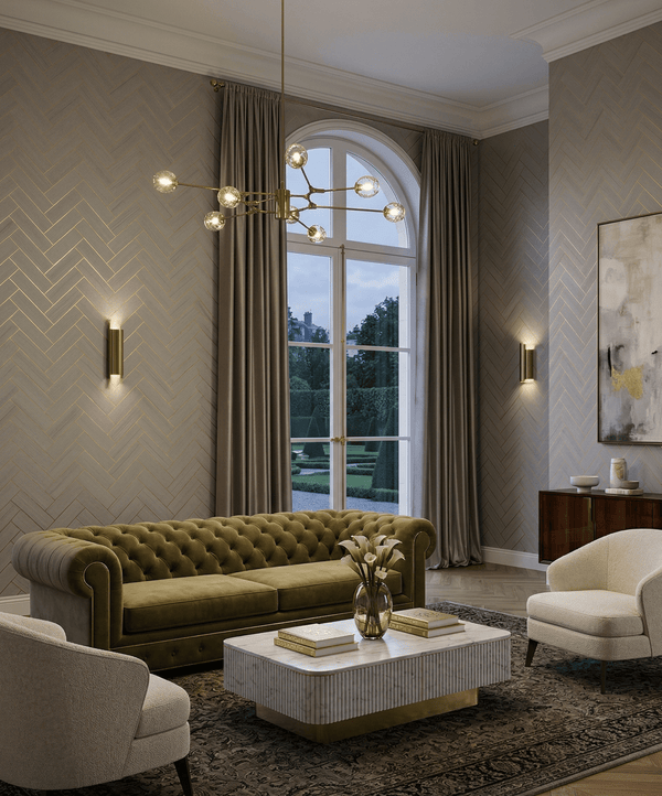 Smart Grey and Gold Chevron Tiled Real Grasscloth NS51605 - Mayflower Wallpaper