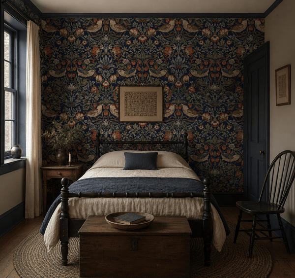 Strawberry Thief Victorian Arts & Crafts Wallpaper in Indigo Blue AC41112 - Mayflower Wallpaper