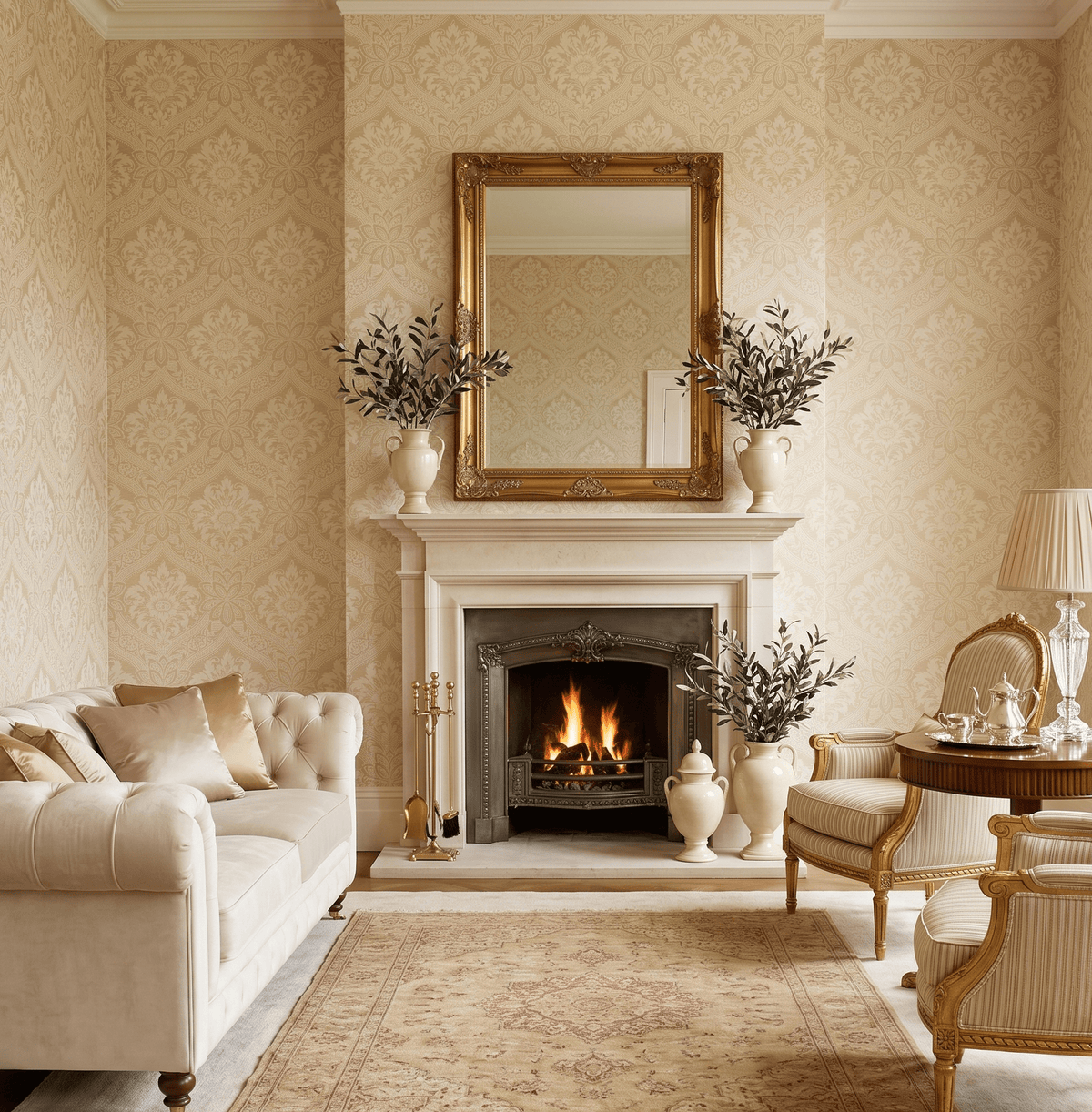 Thread Victorian Damask Wallpaper in Gold & Cream MF20507 - Mayflower Wallpaper