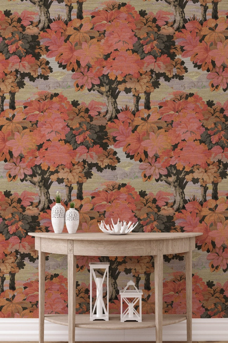 Victorian Autumn Trees wallpaper in warm orange and gold tones, eco-friendly wallcovering by Mayflower Wallpaper