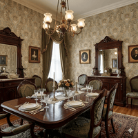 Victorian Damask Morrissey in cotswold stone, gold and sky blue MF10845 - Mayflower Wallpaper