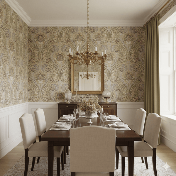 Victorian Damask Morrissey in cotswold stone, gold and sky blue MF10845 - Mayflower Wallpaper
