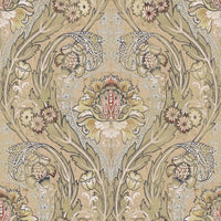 Victorian Damask Morrissey in cotswold stone, gold and sky blue MF10845 - Mayflower Wallpaper