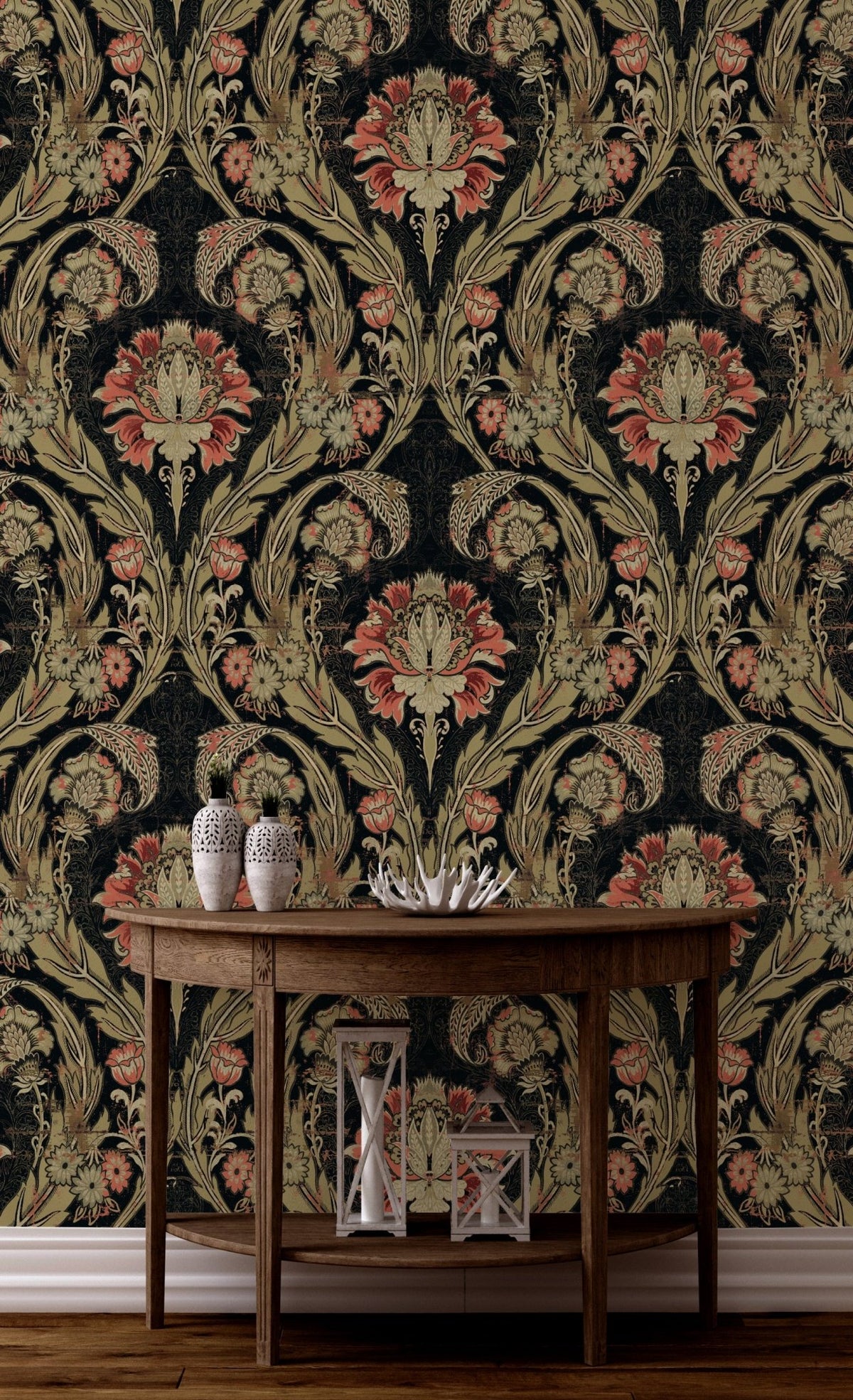 Victorian Damask Morrissey in Gold, Black and Salmon. MF10841. - Mayflower Wallpaper