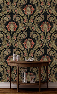 Victorian Damask Morrissey in Gold, Black and Salmon. MF10841. - Mayflower Wallpaper