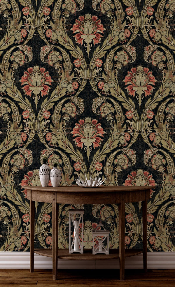 Victorian Damask Morrissey in Gold, Black and Salmon. MF10841. - Mayflower Wallpaper