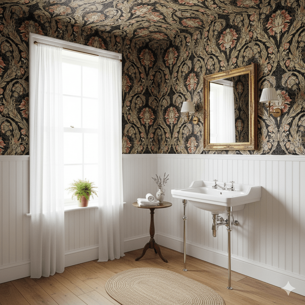 Victorian Damask Morrissey in Gold, Black and Salmon MF10841 - Mayflower Wallpaper