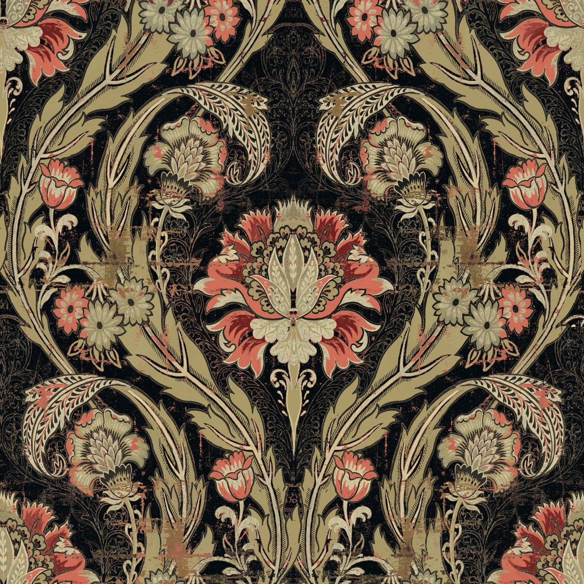 Victorian Damask Morrissey in Gold, Black and Salmon. MF10841. - Mayflower Wallpaper