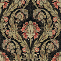 Victorian Damask Morrissey in Gold, Black and Salmon. MF10841. - Mayflower Wallpaper